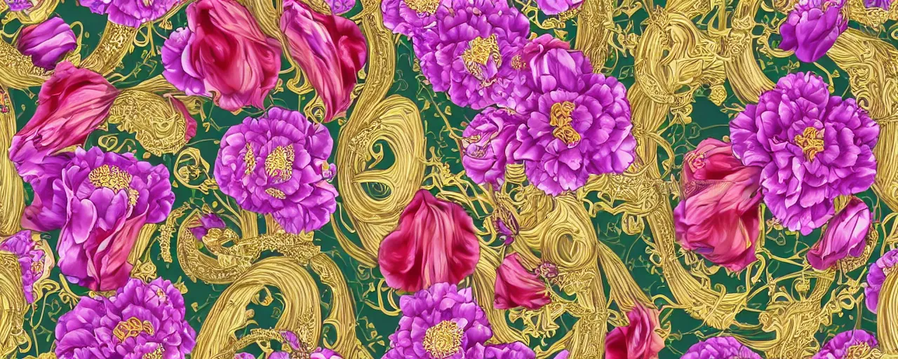 Prompt: Crown of flower and Gemstone beauty as a transcendental, seamless pattern, large motifs, hyper realistic, 8k image, 3D, supersharp,Art nouveau 3D curves and swirls, Glass and Gold pipes, long wavy hair, vibrant tulip and peony flowers satin ribbons pearls and gold chains, iridescent and black and shiny rainbow colors , perfect symmetry, iridescent, High Definition, Octane render in Maya and Houdini, light, shadows, reflections, photorealistic, masterpiece, smooth gradients, no blur, sharp focus, photorealistic, insanely detailed and intricate, cinematic lighting, Octane render, epic scene, 8K