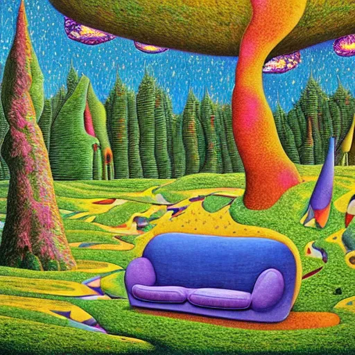 Image similar to psychedelic couch sofa in the pine forest, goose, milky way, designed by moebius, rob gonsalves, gustav dore, giuseppe arcimboldo and carl barks, louis wain, trending on artstation, star, sharp focus, colorful refracted sparkles and lines, soft light, 8 k 4 k