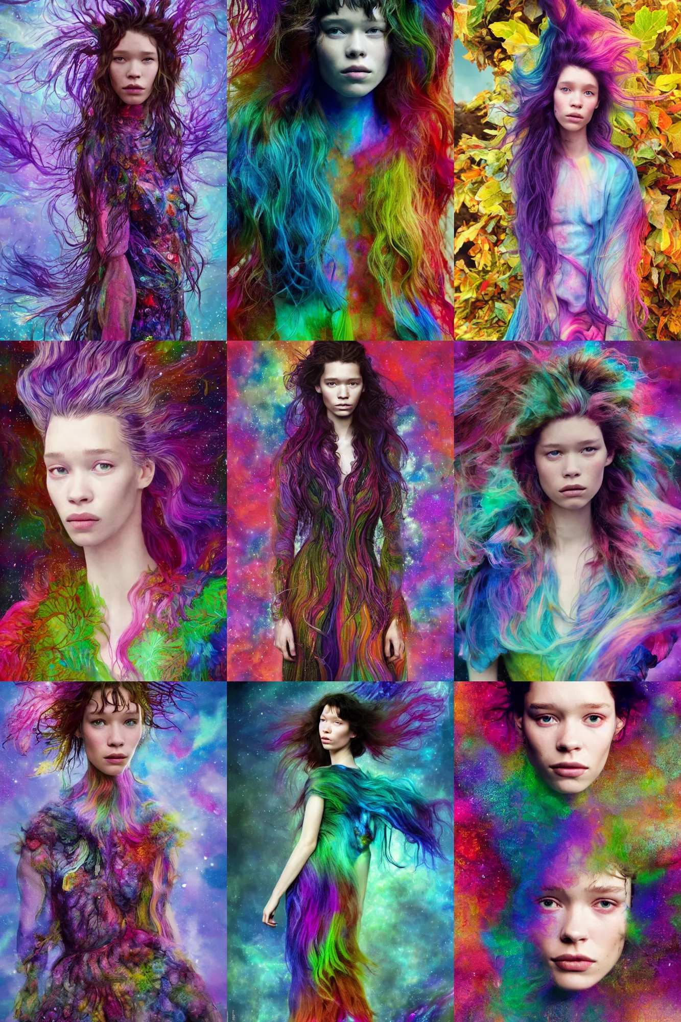 Prompt: masterwork full body portrait of astrid berges frisbey. digital illustration. dyed, colourful hair. wearing a dress made out of nebulae. resting on a background of dry autumn leaves. fluid, dreamy, ethereal, vivid colours. sharp focus. highly detailed face. wow! cinematic lighting. trending on artstation. cgsociety.