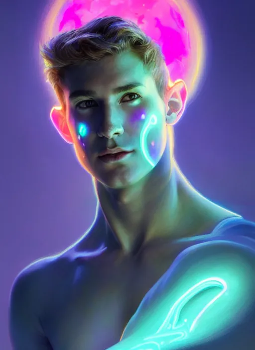 Prompt: a male faceless glowing liquefied stardust adventurer, dnd fantasy character, full body portrait, glowing neon skin, magical aura, ultra realistic, intricate, elegant, highly detailed, digital painting, artstation, smooth, sharp, focus, illustration, art by artgerm and greg rutkowski and alphonse mucha