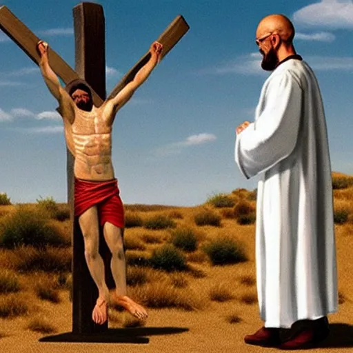Prompt: walter white crucifies jesus, hyperrealistic