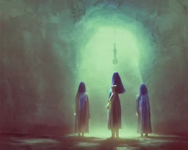 Prompt: twin sisters from another dimension, intimidating, frightening, nightmare, singularity, sharp focus, blue, by Kurosawa, epic tale of the twin sisters, by Beksinski, medieval, transhumanist dancing, god rays, lens flares, dramatic lighting, volumetric lighting, unreal engine