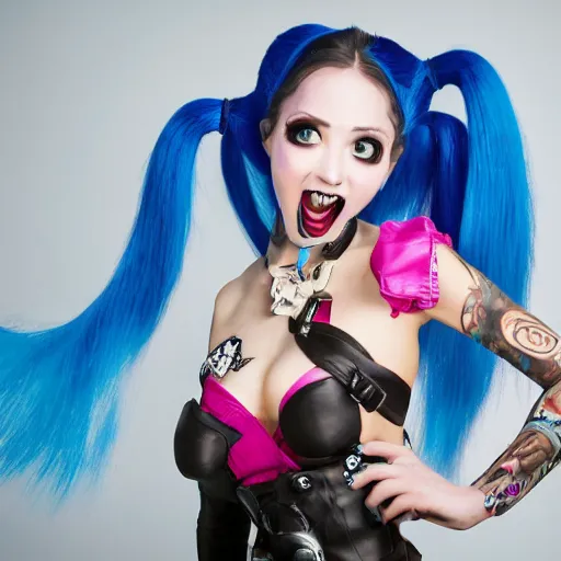 Prompt: a full shot, studio photographic portrait of Jinx from league of legends, with a sadistic expression on her face, good looking, well presented blue long pigtail hair, not wearing much clothes, wearing borcegos, holding a bazooka on her left shoulder, mayhem in the background, award-winning photo, shot on Canon EOS 5D Mark IV camera, detailed picture, shot taken by Annie Leibovitz