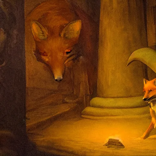 Prompt: a Fox explores a Dungeon, luminous, Renaissance Painting
