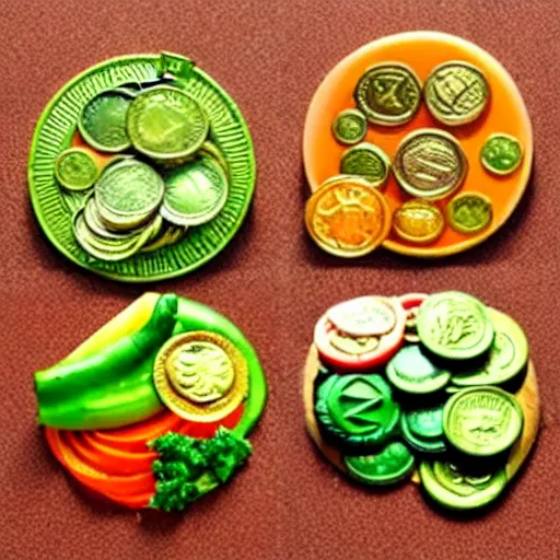 Prompt: edible coins made of vegetables, finely chopped vegetables in the shape of coins