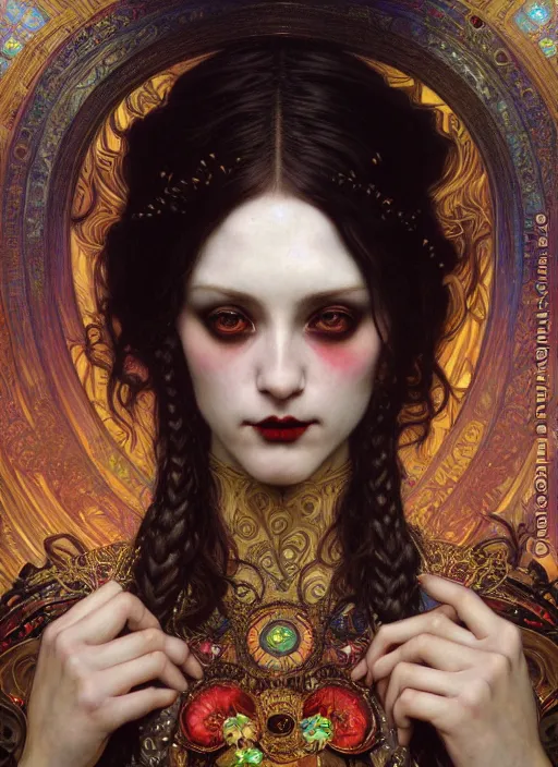 Image similar to hyper detailed masterpiece vampire girl duchess by donato giancola and tom bagshaw, face by artgerm and edmund leighton, and alphonse mucha, trending on artstation, colorful, psychedelic aesthetic, ornate, background by gustav klimt, 8 k, black gothic, majestic, volumetric lighting, porcelain skin, concept art, sharp focus