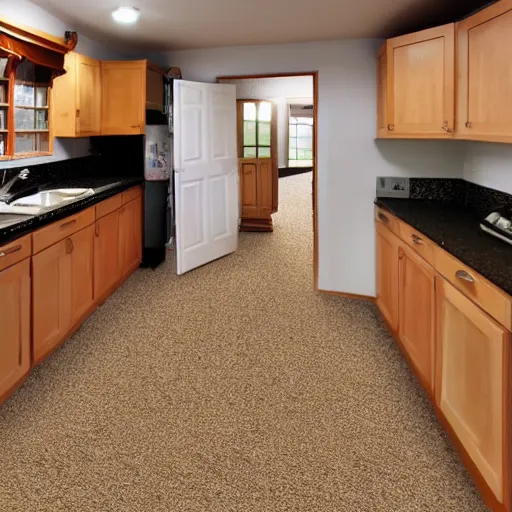 Image similar to a carpeted kitchen