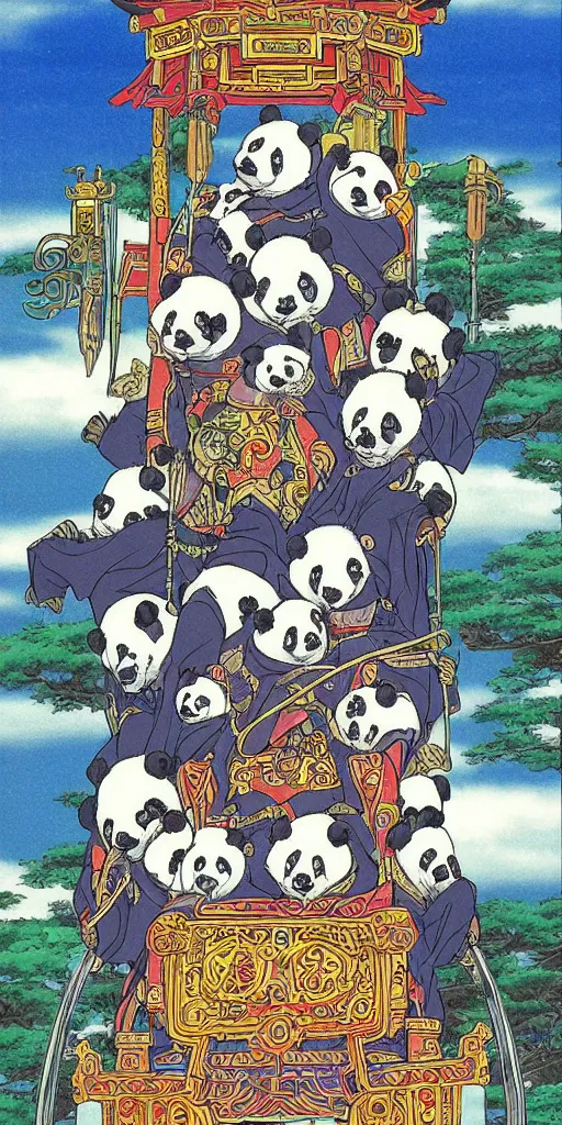 Image similar to a mystical chariot drawn by pandas in japan, 1990s anime, full color, tarot card the chariot,