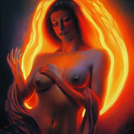 Image similar to A beautiful painting of a goddess with flames as her body by Jim Burns, 8K, ultra-detailed , Trending on artstation.