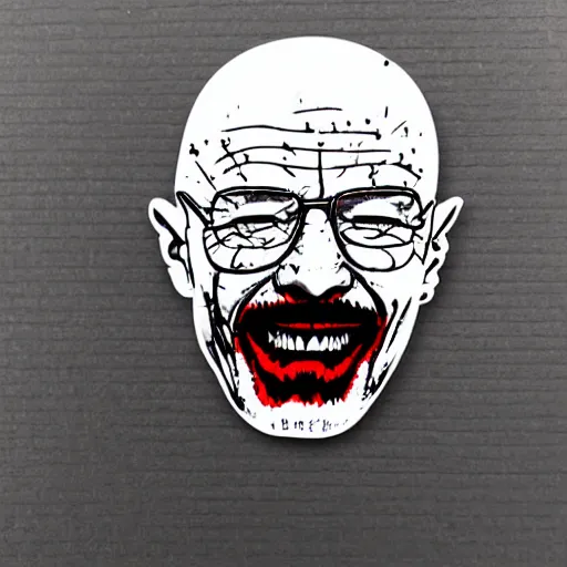 Image similar to die cut sticker, walter white laughing like the joker, splatter paint