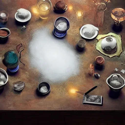 Image similar to hyper real, table, wizards laboratory, lisa parker, greg rutkowski, mortar, pestle, scales with magic powder, energy flowing, magic book, beakers of colored liquid, tony sart