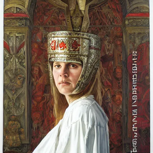 Prompt: portrait of a priestess, wearing all - white clothes, and a red helmet, by donato giancola and berthold woltze.