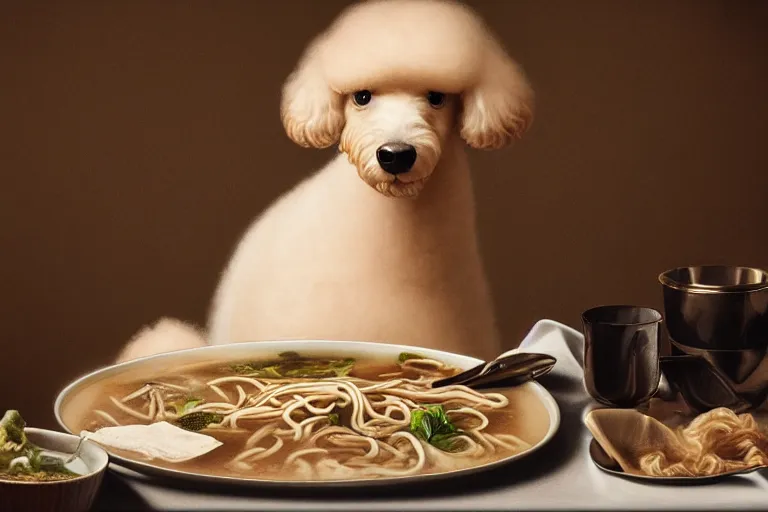 Prompt: portrait of a poodle, eating pho soup, beautiful detailed intricate insanely detailed octane render, 8k artistic photography, photorealistic, chiaroscuro, by David Cronenberg, Raphael, Caravaggio