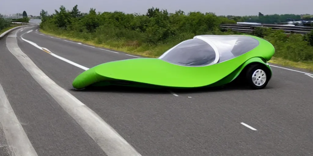 Prompt: ”car made of peapod driving in a highway”