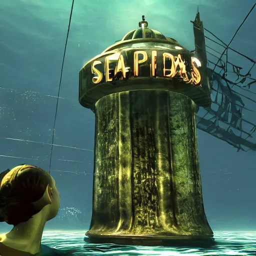 Image similar to rapture bioshock, city at sea floor, water, submerged, seaweed, fish, realistic, detailed, underwater, dark, underwater underwater underwater underwater underwater