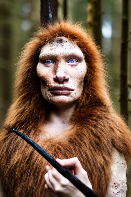 Image similar to a professional portrait photo of a gentle strong neanderthal woman in the forest in winter holding a spear, freckles and mud on face, black stripe painted side to side across her eyes, ginger hair and fur, extremely high fidelity, natural lighting,