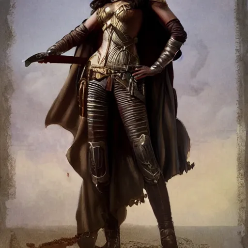 Prompt: highly detailed steampunk gal gadot standing, cape : leonardo da vinci, greg rutkowski, magali villeneuve