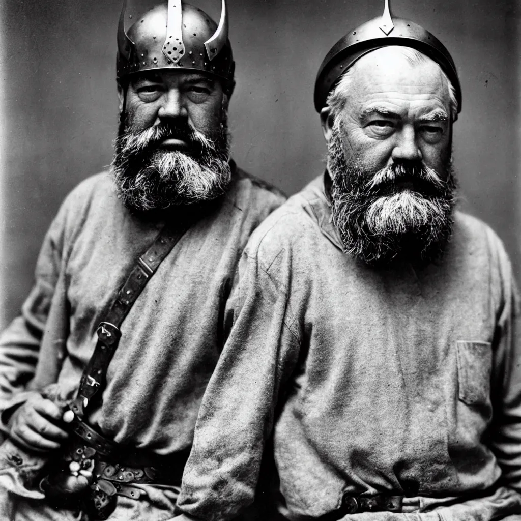 Prompt: An Alec Soth portrait photo of Ernest Hemingway wearing a Viking Helmet