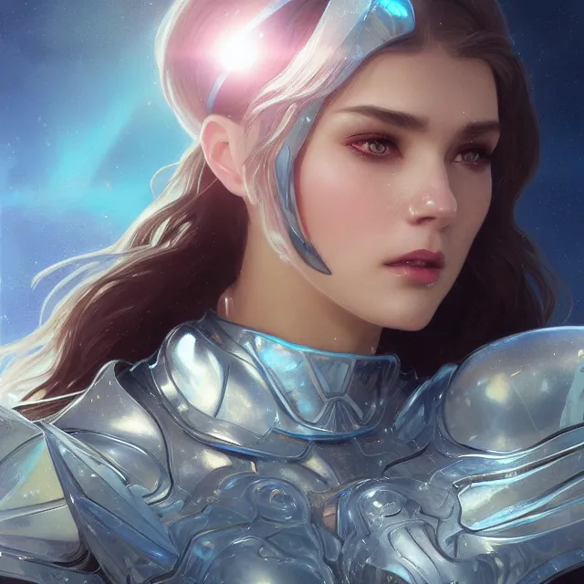 Image similar to close up portrait of a beautiful fantasy female ice warrior wearing shiny crystal armor, subsurface scattering, ethereal, artistic, ice palace background with light rays, fantasy atmosphere. art by artgerm, greg rutkowski and alphonse mucha, 3 d artstation octane render,