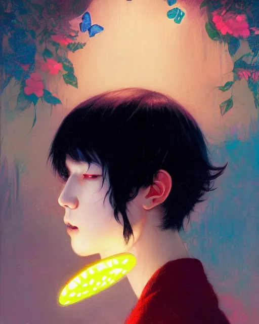 Prompt: harmony of butterfly on his mouth, mute, neon light language, ( black haired yoongi portrait ) by wlop, james jean, victo ngai, beautifully lit, muted colors, highly detailed, fantasy art by craig mullins, thomas kinkade