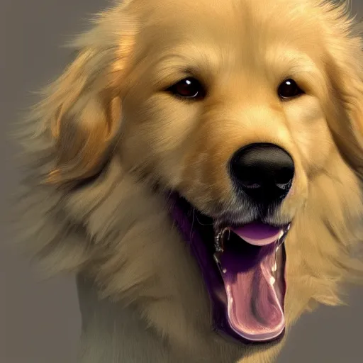 Image similar to portrait of a fluffy golden retriever dog, happy with his mouth open, D&D, fantasy, intricate, cinematic lighting, highly detailed, digital painting, artstation, concept art, smooth, sharp focus, illustration, art by Generate Labs and Kenichi Nishida