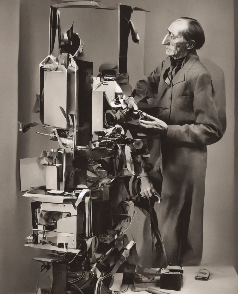Prompt: Kodachrome portrait of Marcel Duchamp with a technological machine, archival pigment print in the style of Andreï Tarkovski, studio shooting, contemporary art