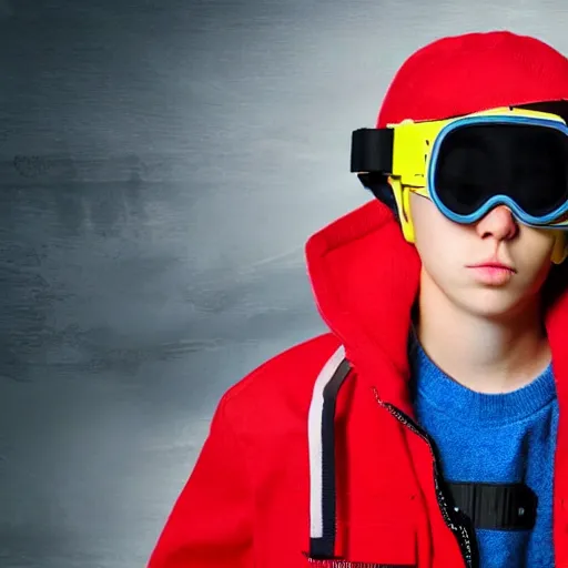 Prompt: a blonde teenager, goggles, red jacket, knife in his mouth, knife in his right hand and a knife in his left hand, photorealistic, hd, high details