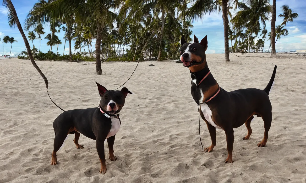 Image similar to an american pitpull terrier on an island beach with palm trees in the background