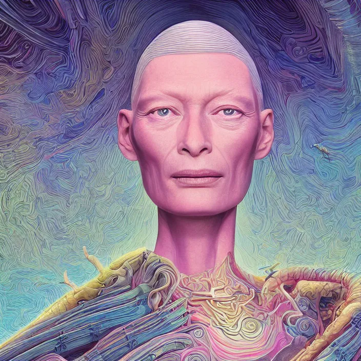 Prompt: tilda swinton, science fiction, extremely detailed, sharp focus, pastel colors, intricate, beautiful, illustration, volumetric lighting, digital painting, by roger dean, by simon stalenhag, by alex grey