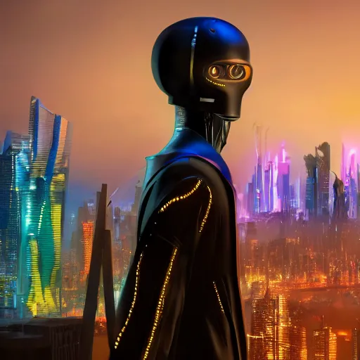 Image similar to a tall, skinny robot wearing a dark flowing robe and a hood, standing and staring out over a tall cliff, a futuristic city in the background, glowing neon lights, cyberpunk, 8 k, unreal engine render, highly detailed