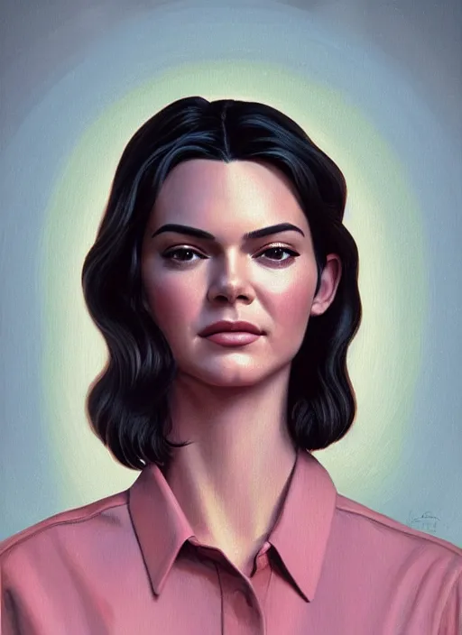 Image similar to twin peaks movie poster art, portrait of a smiling kendall jenner, from scene from twin peaks, clean, simple illustration, nostalgic, domestic, highly detailed, digital painting, artstation, concept art, smooth, sharp focus, illustration, artgerm, donato giancola, joseph christian leyendecker, wlop