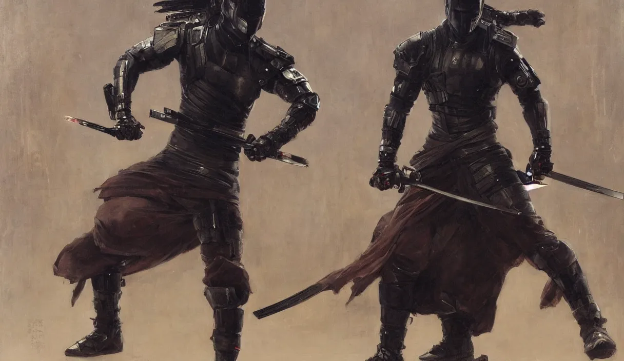 Prompt: futuristic black samurai in fighting pose (blade runner 2049, cyberpunk 2077). Orientalist portrait by john william waterhouse and James Gurney and Theodore Ralli and Nasreddine Dinet, oil on canvas. Cinematic, hyper realism, realistic proportions, dramatic lighting, high detail 4k