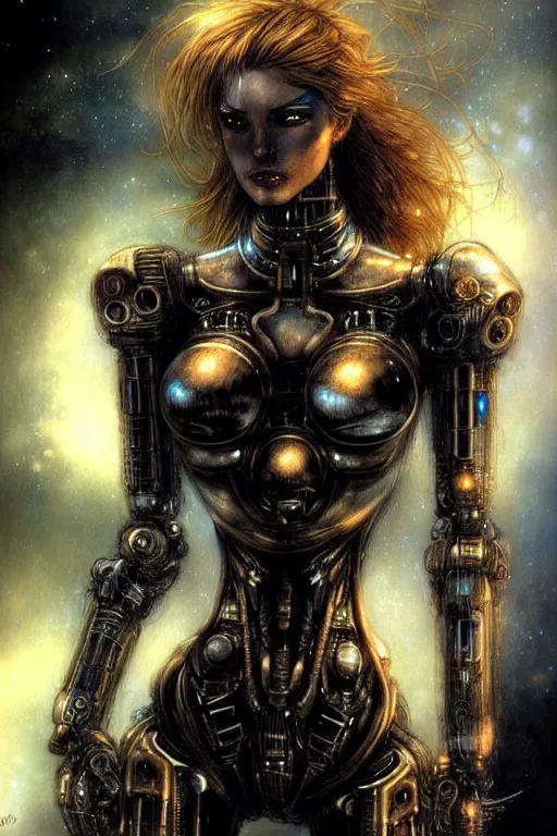 Image similar to a beautiful robot fighter pilot, fantasy, portrait, sharp focus, intricate, elegant, illustration, ambient lighting, art by Luis Royo