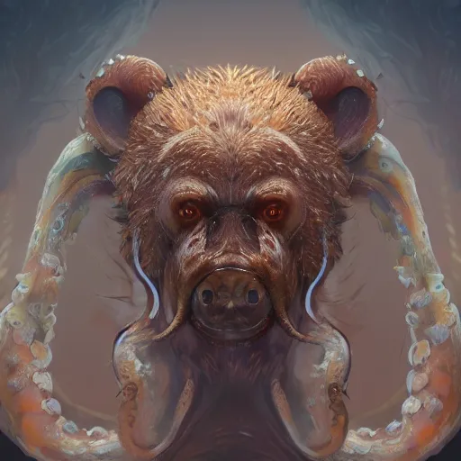 Prompt: high plausibility animal, ursine bear body, octopus limbs, 🐙 head and face, octobear, fierce chimera beast, cinematic painterly digital art, 4 k, 8 k