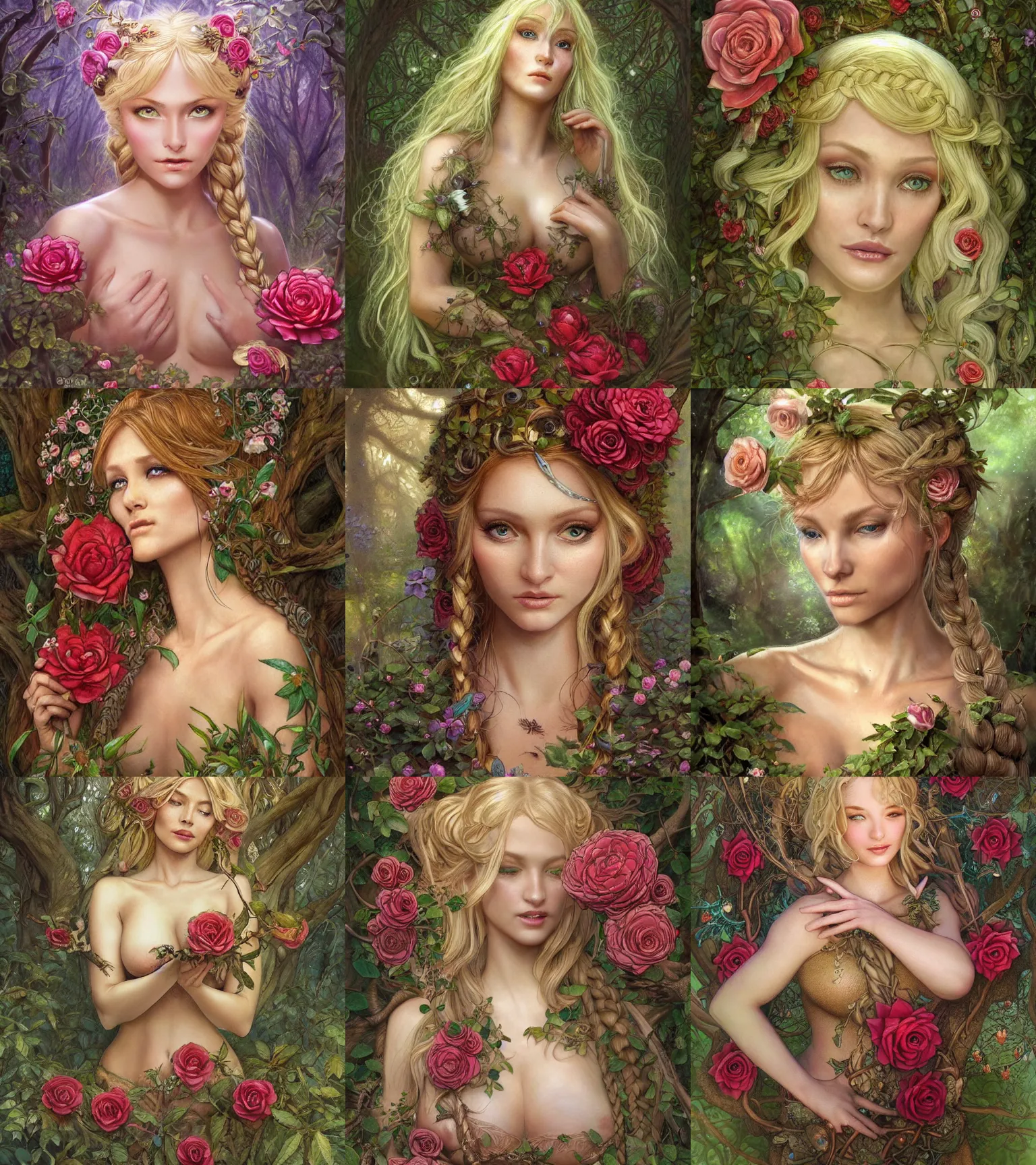 Prompt: beautiful cottagecore blonde plump fey woman, exotic fey features, intricate, tanned skin, braided hair with roses, magical forest, stunning, highly detailed, digital painting, artstation, concept art, smooth, sharp, focus, illustration, art by brian froud and greg rutkowski and rebecca guay