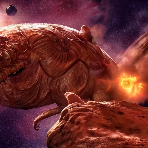 Image similar to eldritch horror bloody garfield in space, hd, 8 k, giant, epic, realistic photo, unreal engine, stars, prophecy, powerful, cinematic lighting, destroyed planet, debris, violent, sinister, ray tracing, dynamic, epic composition, dark, horrific, teeth, grotesque, monochrome drawing, hellscape