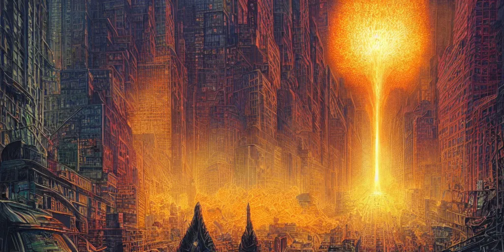 Prompt: nuclear blast in new york city, by dan mumford, moebius, yukito kishiro, barclay shaw, karol bak, jean baptiste monge, high quality, high resolution