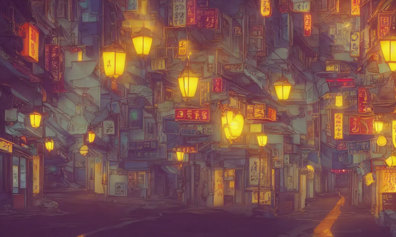 Image similar to A film still from a 1990s Sailor Moon cartoon featuring a moody street in Japan with a waterfall and lanterns, lofi aesthetic, golden hour, cinematic look, film grain, high detail, high resolution, 8k