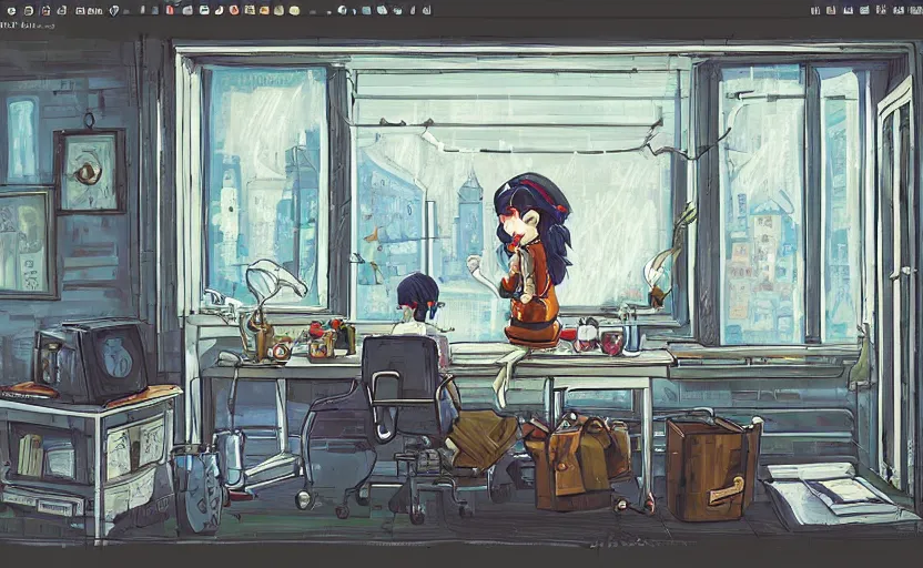 Image similar to Artstation Character sitting and relaxing in front of their work desk in their cozy room as a peaceful rainy city scene is seen through the room's window. Smooth Highly detailed masterpiece pixel-art. in the style of Close Highly detailed masterpiece professional artistry Sega, Namco, Neogeo, Capcom artist's Pixel-art. Trending on artstation. Slice-of-life genre art. Balanced colors and lighting scheme by James Gurney and artgerm. In the style of a 'Music to chill/study' to youtube video.