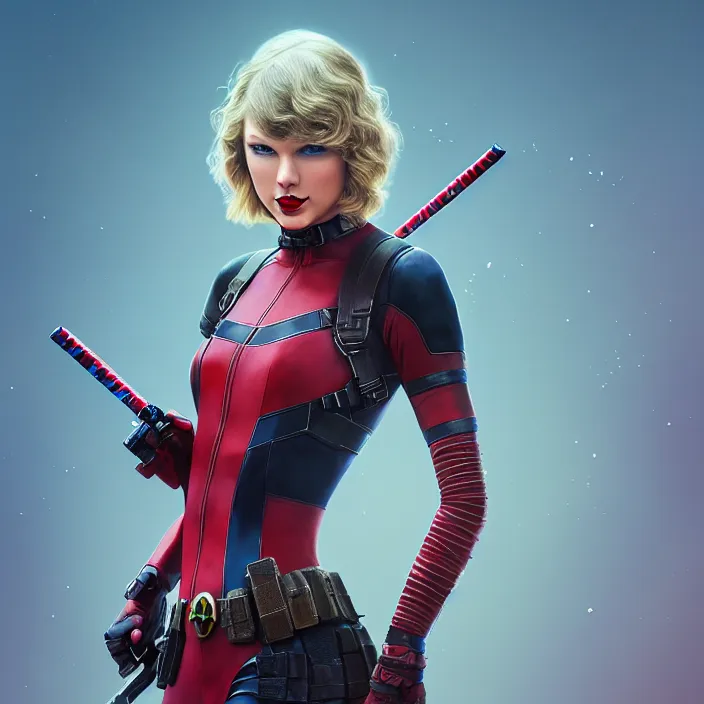 Image similar to taylor swift as lady deadpool. intricate abstract. intricate artwork. by tooth wu, wlop, beeple, dan mumford. octane render, trending on artstation, greg rutkowski very coherent symmetrical artwork. cinematic, hyper realism, high detail, octane render, 8 k, iridescent accents