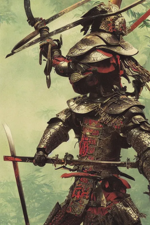 Prompt: close up of samurai in full armor, in a mysterious and ancient bamboo forest filled with yokais, by huang guangjian and gil elvgren, sachin teng, greg manchess