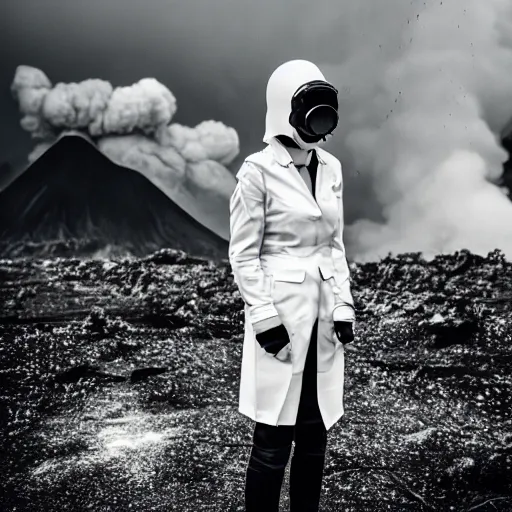 Prompt: a woman with white suit, she wear red eye d gasmask, in volcano, standing close to volcano, fire raining, professional photography, black and white, cinematic, eerie