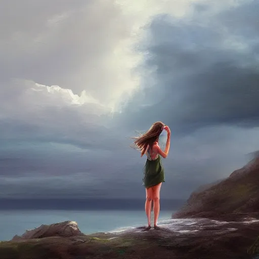 Image similar to A painting of a girl standing on a mountain looking out an approaching storm over the ocean, smooth, dramatic lighting, wind blowing, ocean mist, lightning, artstation