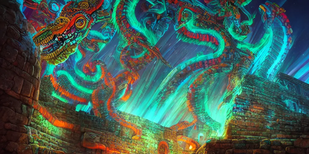 Image similar to Quetzalcoatl  the feathered serpent deity hovering above a giant mayan temple by Liam Wong and Boris Vallejo, stone carving, colorful, glyphs, rocket, wall of a tomb, highly details, realistic, cinematic lightning, medium shot, mid-shot, highly detailed, trending on artstation, Unreal Engine 4k