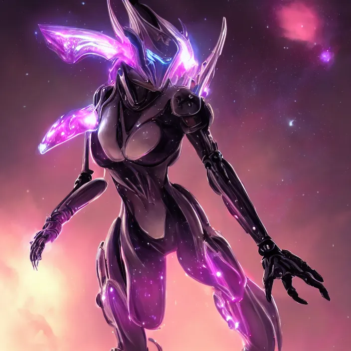 Image similar to cinematic shot, bust, cosmic sized perfectly proportioned stunning hot female warframe, anthropomorphic robot mecha female dragon, dragon head, silver, fuschia leds, floating in empty space, nebula sized, holding a galaxy, epic proportions, epic size, epic scale, furry art, dragon art, giantess art, warframe fanart, furaffinity, deviantart