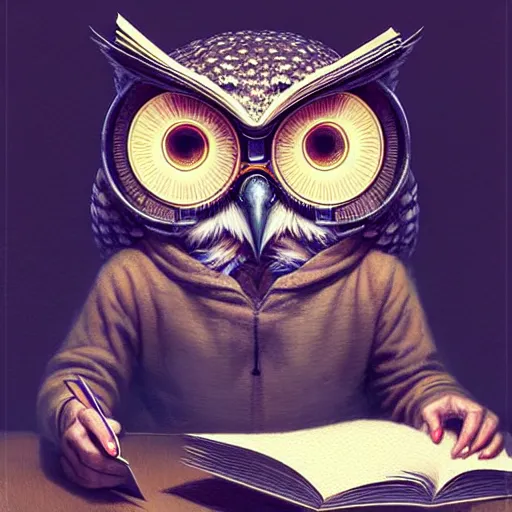 Image similar to a wise owl reviewing texts in a computer, art by greg rutkowski, intricate, elegant, highly detailed, smooth, sharp focus, artstation