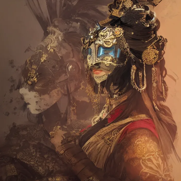 Image similar to ancient chinese princess with steampunk mask, dynasty warriors, elegant, unreal engine, 8 k, blue color scheme, headshot, highly detailed, smooth, ink painting, artstation, concept art, in style of yoji shinkawa, pan ren wei, col price, atey ghailan, by greg rutkowski, aesthetic