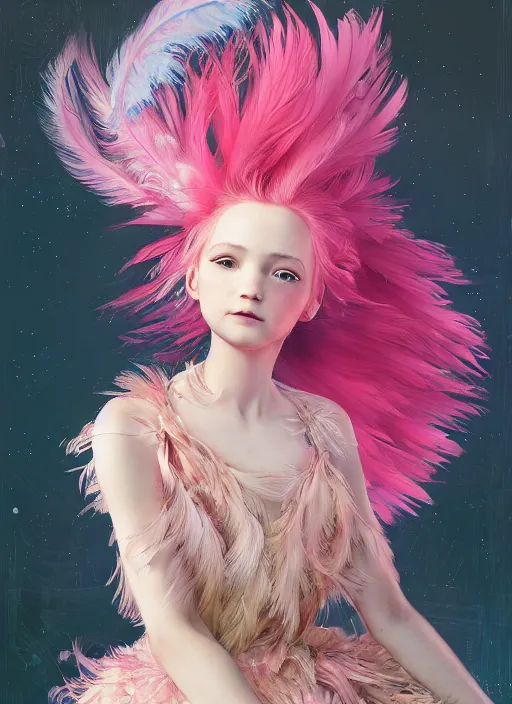 Prompt: beautiful little girl with an pink eccentric haircut wearing an dress made of feathers dancing on stage, artwork made by ilya kuvshinov, inspired in donato giancola, hd, ultra realistic, reflection, flowers, light, realistic face, bird tattoo, trending on pixiv, 8 k, ray tracing, glorious