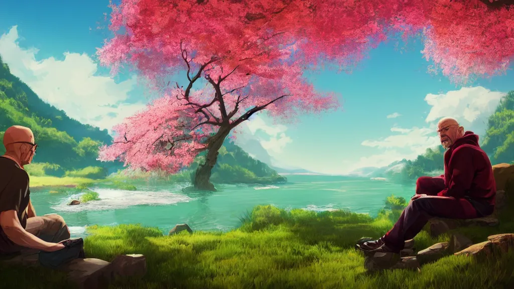 Image similar to featured on artstation walter white sitting under a cherry tree overlooking valley waterfall sunset beautiful image stylized digital art