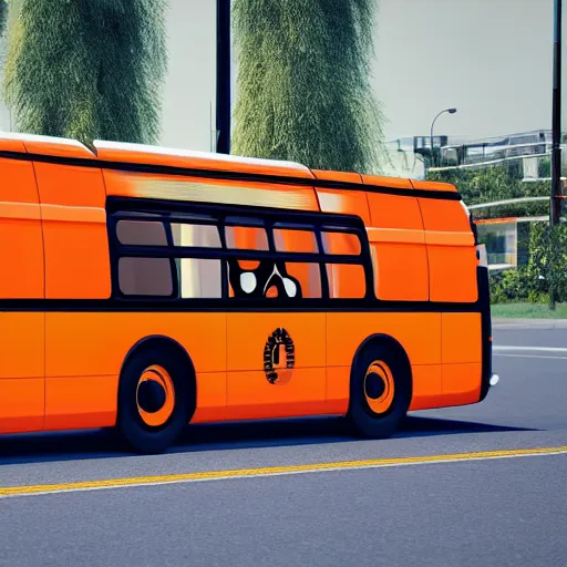 Image similar to a bus covered by orange and black striped soft fur, with 10 paws instead of wheels and a huge smiling cat face on the front and a furry cat tail at the back. Trending by artstation, rendered in unreal engine 5, anime style.